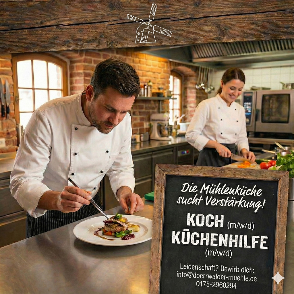 Die Mühlenküche sucht Verstärkung. Koch und Küchenhilfe ab Februar 2026